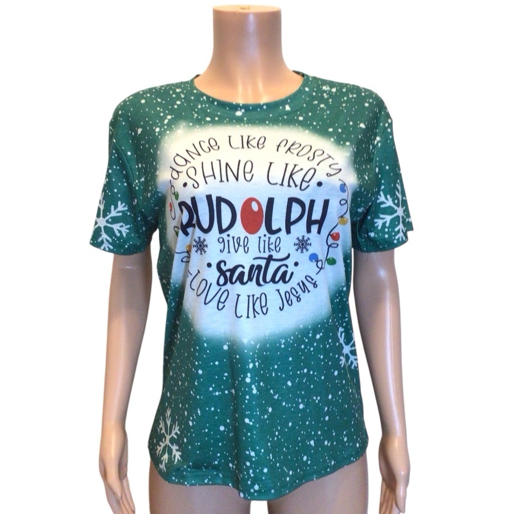 NWOT Christmas Graphic T-Shirt Green Snowflake Rudolph Frosty Santa Jesus Size M - Picture 2 of 8
